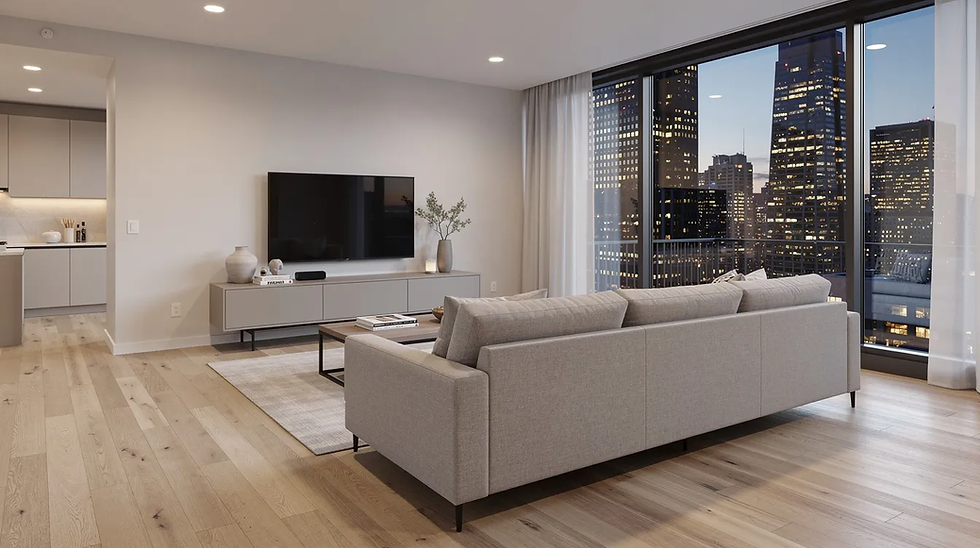 Modern living room with gray sofa, TV, and coffee table overlooking a lit city skyline at dusk through floor-to-ceiling windows