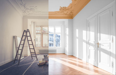 Split-view of a room before and after renovation—left side shows a space under construction with a ladder and tools, while the right side displays a bright, finished interior with clean white walls, golden ceiling details, and wooden flooring.