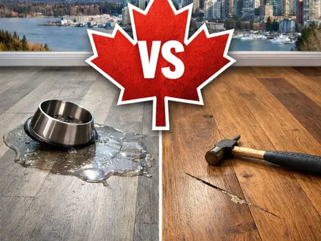 Vinyl vs laminate flooring comparison for Vancouver homes showing waterproof luxury vinyl plank and durable laminate flooring options in Canada.