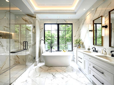Luxurious bathroom with a white marble design, freestanding tub, large glass shower, dual sinks, and a window view of lush greenery.