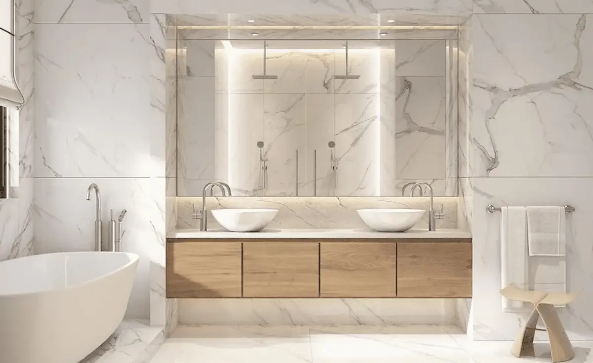 A modern bathroom with a luxurious design featuring a freestanding bathtub, double vanity with vessel sinks, and elegant marble surfaces, showcasing the final installation and finishing touches