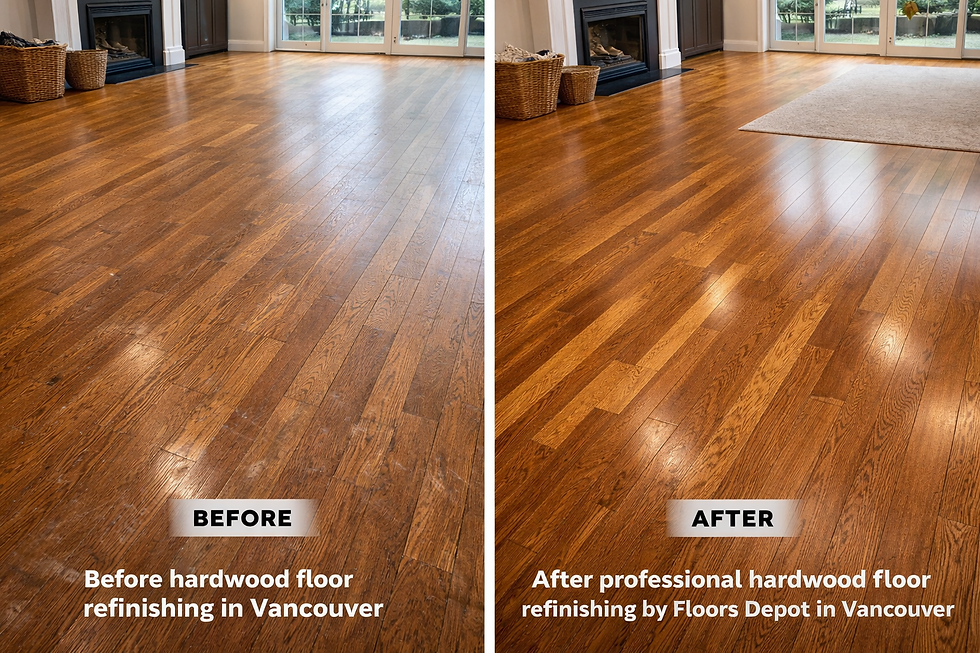 Before and after hardwood floor refinishing in Vancouver home by Floors Depot
