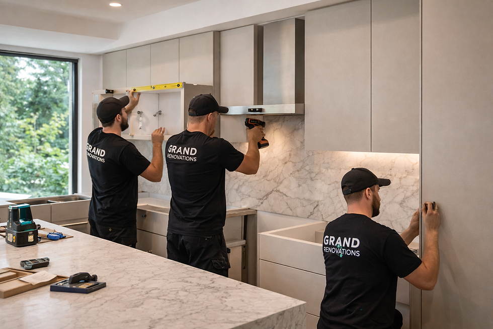 Grand Renovations team installing modern kitchen cabinets during a North Vancouver kitchen renovation.