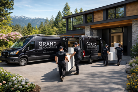 Grand Renovations crew delivering custom kitchen cabinets to a luxury home in North Vancouver for an Italian kitchen renovation.