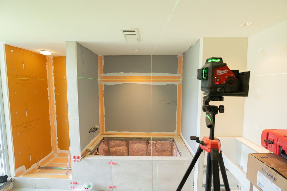 level setup for precision tile alignment over tub deck