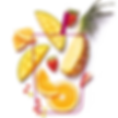 A photo composition of fruits over a line illustration of a paper cup