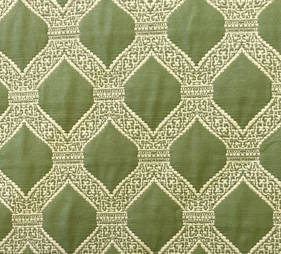 green fabric with white lattice embroidery