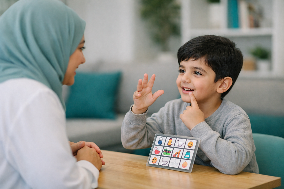 Young boy speaking with therapist during a speech assessment
