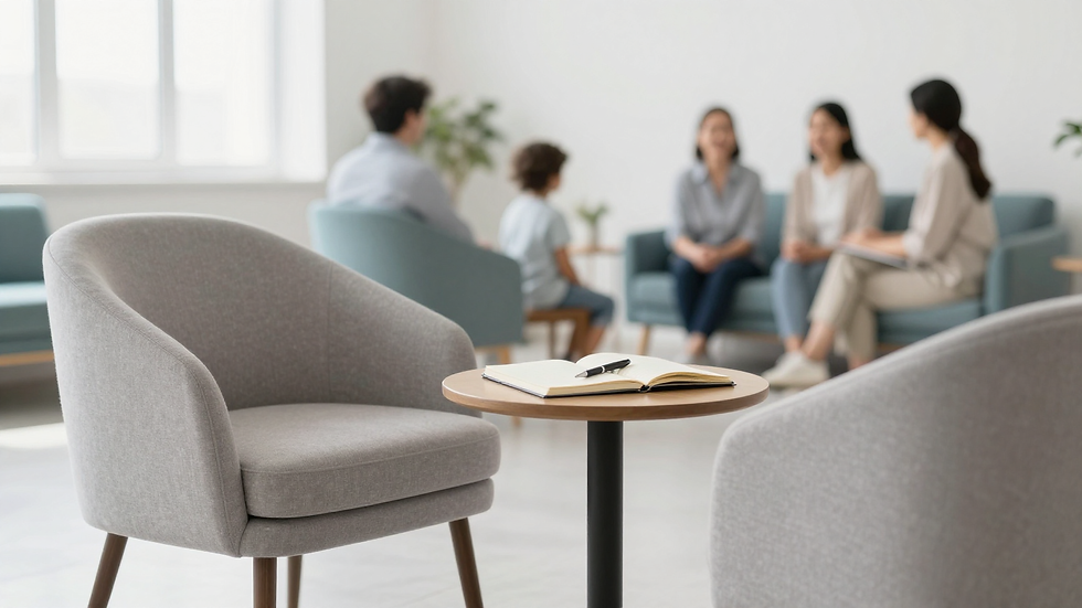 Adults and child in a waiting room for developmental assessment