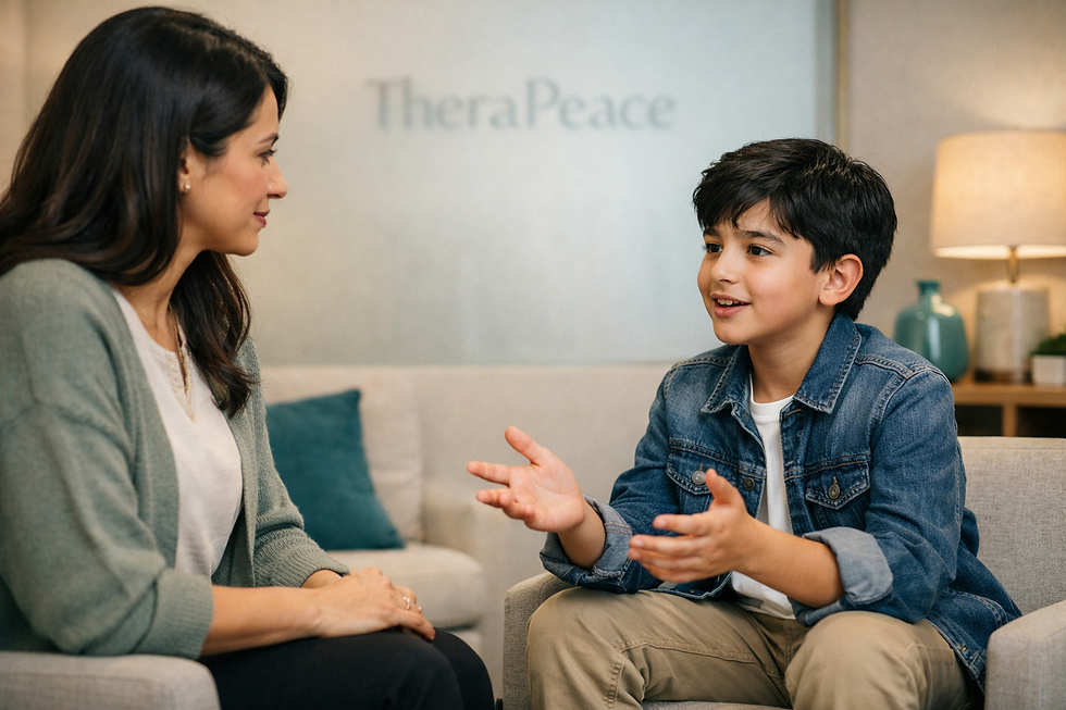 Woman counseling a young boy at TheraPeace