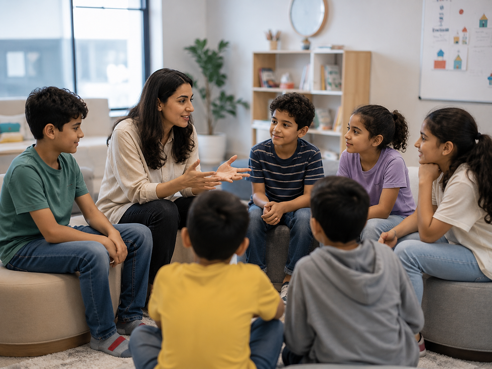 children participating in a therapist-led group session focused on communication and peer