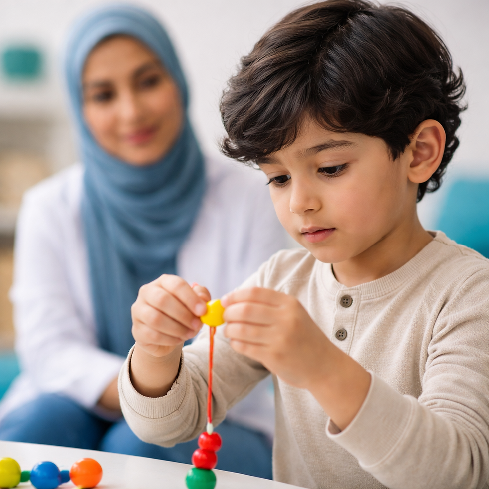 Child at occupational therapy assessment threading beads