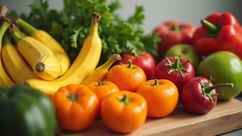 Close-up view of a colorful array of fresh fruits and vegetables for juicing