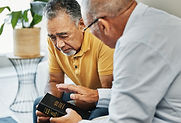 Men, home and bible with counselling on faith, worship and prayer with pastor, church or c