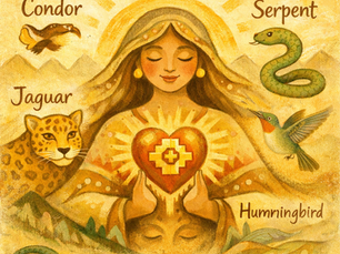 Andean spiritual art of Pachamama Mother Earth holding a radiant heart with an Incan Chacana cross. The illustration features the sacred power animals: the Condor of the upper world, the Jaguar of the earthly realm, the Serpent of the underworld, and a Hummingbird. This symbolic Incan trilogy and cosmology represent healing and divine feminine energy. Created for the Chakana Center, the golden-toned image depicts shamanic wisdom and indigenous Peruvian mythology