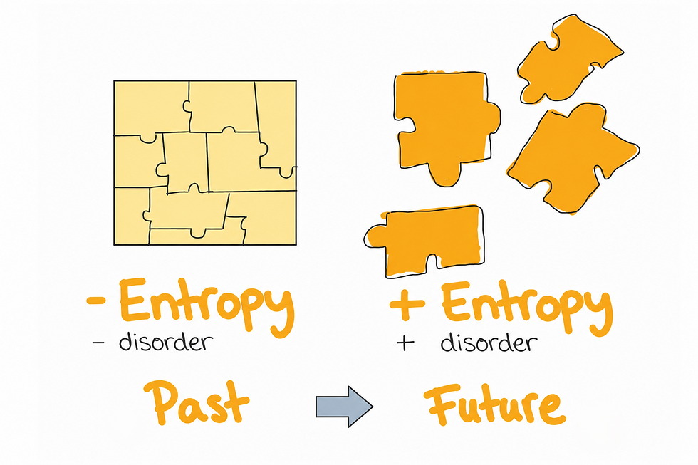 Figure 3. Entropy and the thermodynamic arrow of time: an ordered state evolves toward a more disordered state.