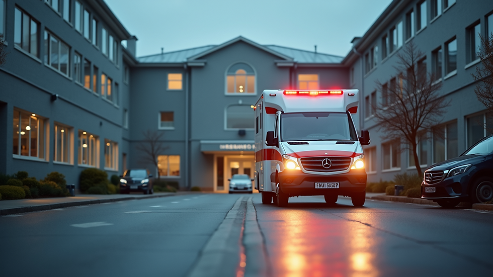 Eye-level view of a medical transport vehicle waiting at a hospital