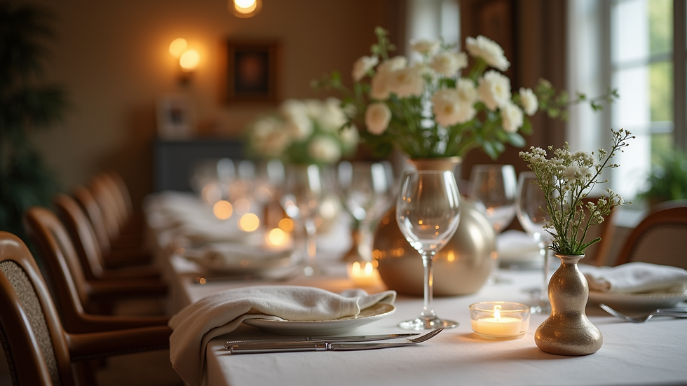 Eye-level view of a beautifully set dining table with elegant decorations