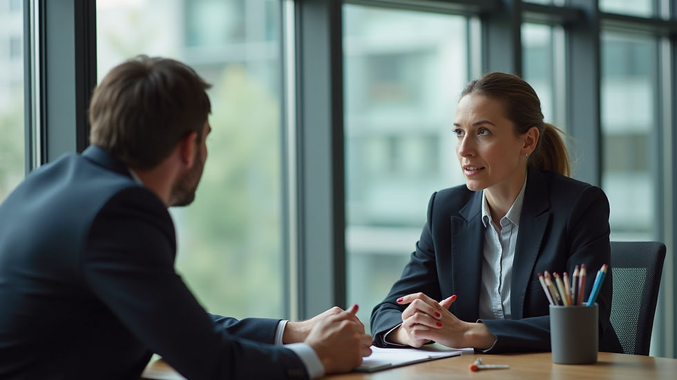 Eye-level view of a business coach discussing strategy with a client in a modern office