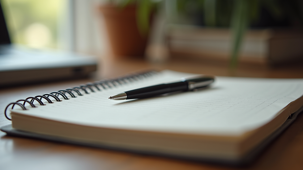 Close-up of a journal and pen on a wooden desk