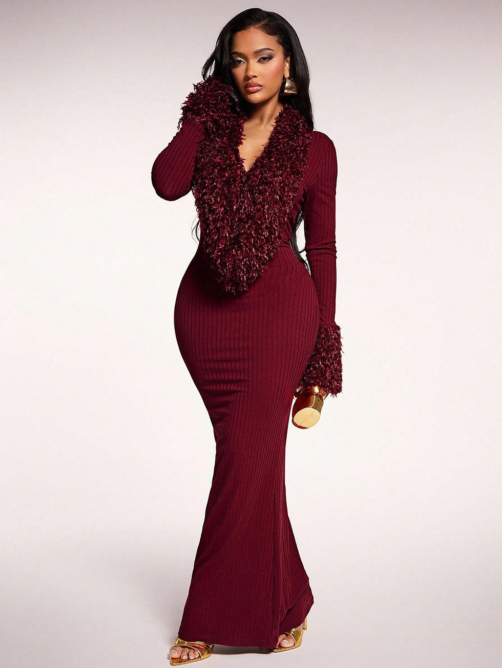 Thumbnail: Radiana Burgundy Faux Fur Patchwork Bodycon Mermaid Maxi Dress