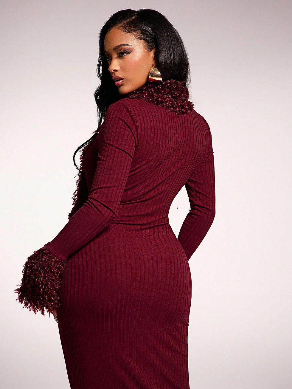Thumbnail: Radiana Burgundy Faux Fur Patchwork Bodycon Mermaid Maxi Dress