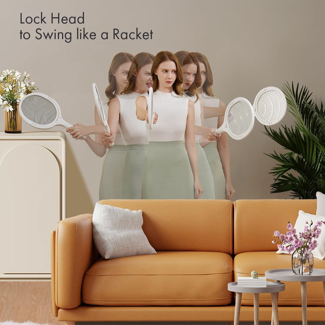 Woman using electric racket; Lock Head to Swing like a Racket