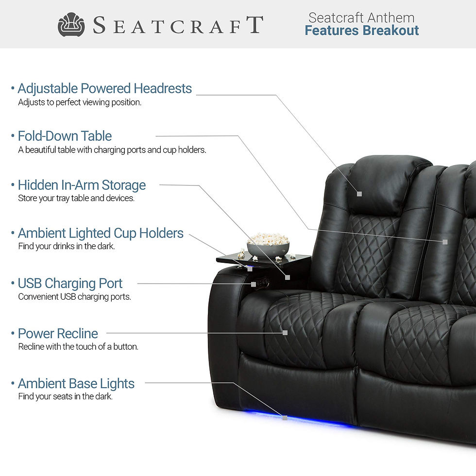 Thumbnail: Seatcraft Anthem features: powered headrests, fold-down table, USB port, and ambient lighting