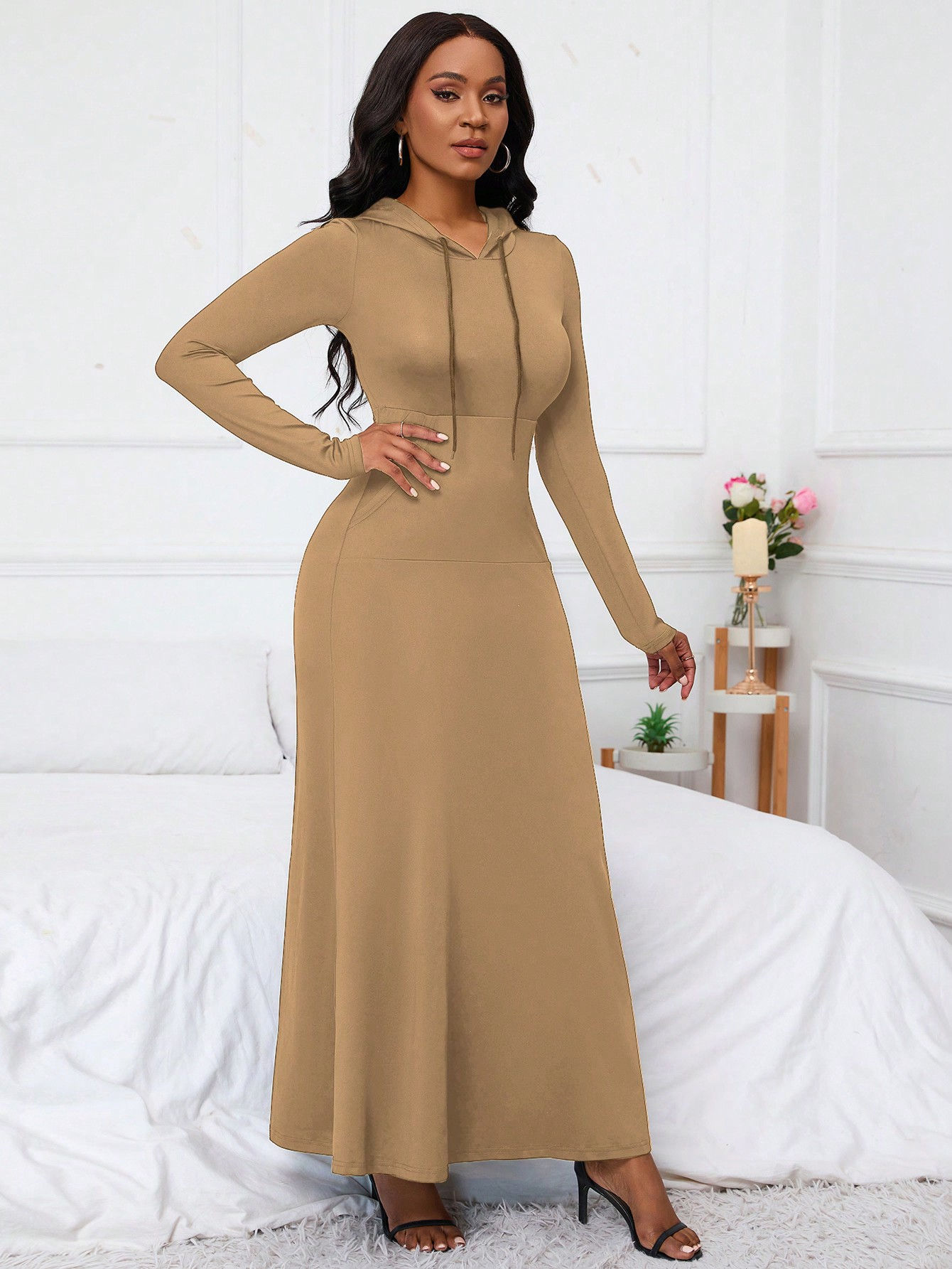 SHEIN LUNE Women's Hooded Drawstring Pocketed Maxi Dress – Fall Fashion for Wom