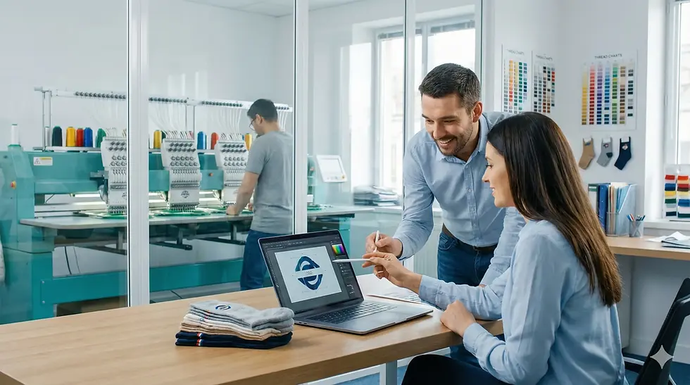 Validation d’un logo sur ordinateur en atelier de broderie, avec échantillons de chaussettes personnalisées, illustrant les étapes de commande depuis le fichier design jusqu’à la production.