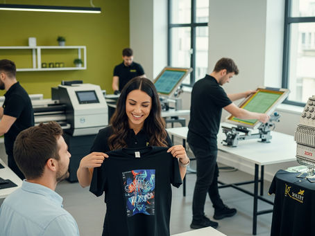 Image d'illustration sur le thème de la personnalisation textile de haute qualité. Un sweat-shirt noir avec une broderie complexe et colorée est présenté sur une table en bois, entouré d'outils de création comme des bobines de fil et des nuanciers, symbolisant l'expertise, la créativité et la richesse des techniques de marquage.