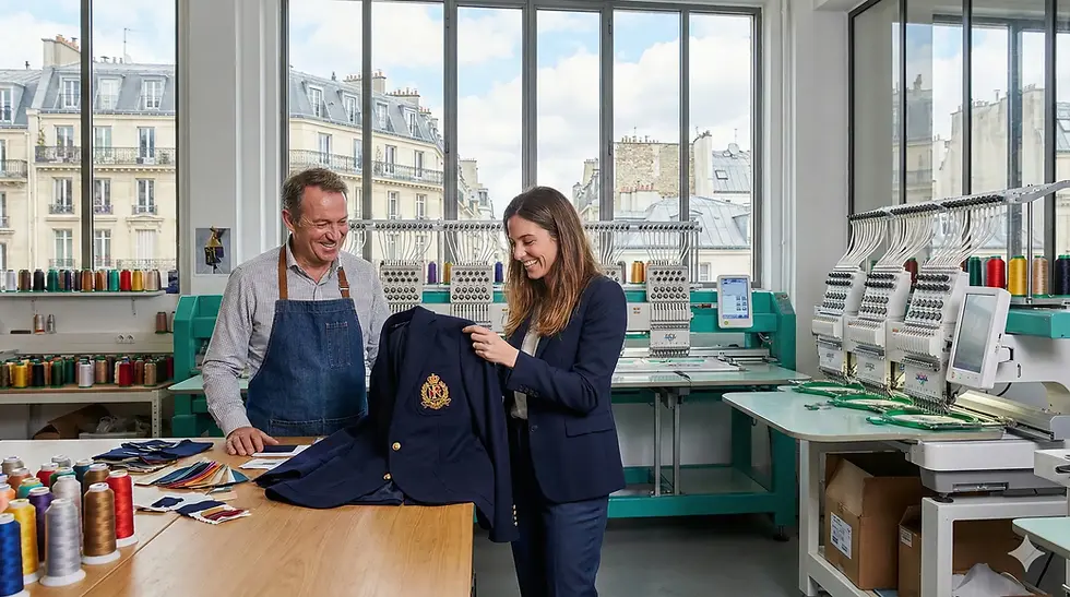 Image d'illustration de l'article de blog : Brodeur à Paris, votre guide pour bien choisir. qui montre l'intérieur d'un atelier de broderie en pleine activité à Paris où un artisan et une cliente analysent la réalisation d'un logo sur un vêtement de luxe. Cette broderie personnalisée illustre une création artistique de haute qualité effectuée directement sur le tissu au sein d'un espace de couture. L'image présente une machine à coudre industrielle et un savoir-faire artisanal de la région parisienne, idéal pour personnaliser un vêtement avec soin. On y aperçoit des étagères remplies de fils colorés et des équipements de broderie haute couture, reflétant l'excellence de l'art de la broderie pour chaque projet.