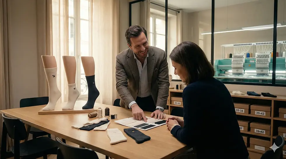 Présentation de différentes paires de chaussettes et échantillons textiles en atelier, illustrant le choix des matières, des tailles et des emplacements de broderie pour des chaussettes personnalisées.