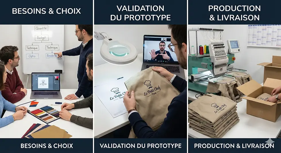 Processus de personnalisation de tabliers en atelier de broderie : réunion pour définir les besoins et choisir les options, validation du prototype brodé, puis production et préparation des tabliers personnalisés pour la livraison.