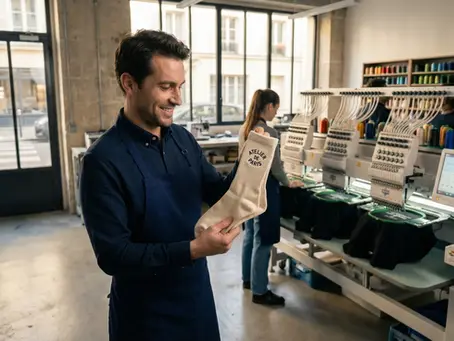 Image d'illustration de l'article de blog : Personnalisation chaussettes, Les Broderies de Paris vous explique comment faire. qui montre un artisan souriant vêtu d'un tablier bleu, examinant avec satisfaction une chaussette personnalisée en coton beige arborant le logo brodé "Atelier de Paris", situé au cœur d'un atelier de production lumineux où des machines à broder industrielles et des bobines de fil coloré s'activent pour la création de textile professionnel et d'accessoires de marque.