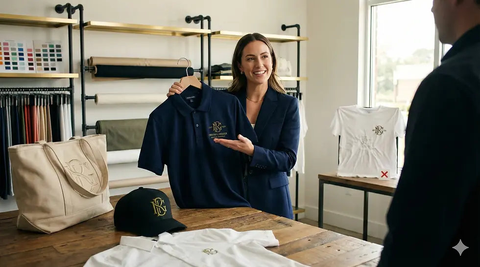 Conseillère présentant un polo brodé haut de gamme à côté d’exemples de tote bags, casquettes et t-shirts personnalisés, illustrant la sélection du support textile idéal pour broder un logo d’entreprise.