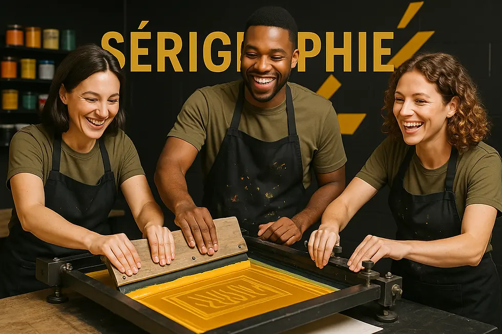 Image d'illustration de l'article qui a pour titre : Sérigraphie : absolument tout ce que vous devez savoir qui montre trois personnes souriantes réalisant une impression sérigraphique sur un support plat doré.