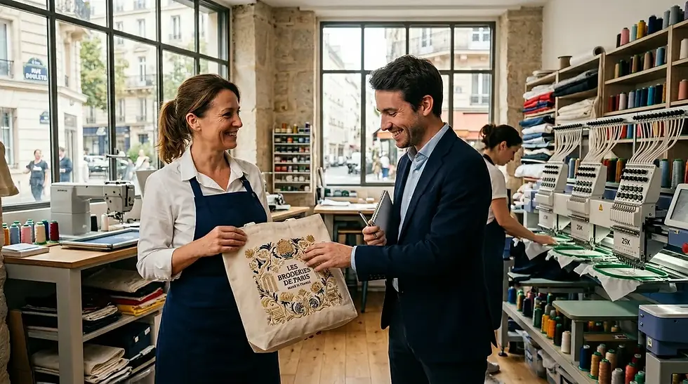 Image d'illustration de l'article de blog : Broderie sur Tote Bag Paris 11ème : Petites séries made in France en 4-5 jours. qui montre un atelier de fabrication textile situé à Paris où une artisane et un client échangent avec le sourire autour d'un projet de personnalisation. L'experte en broderie, vêtue d'un tablier professionnel, présente un tote bag en coton dont le marquage est réalisé avec une technique de broderie colorée offrant un relief tactile de qualité. En arrière-plan, plusieurs machines multi-têtes de haute technologie traitent des commandes de sacs en tissu, illustrant la réactivité de la production locale. Des étagères remplies de bobines de fils de toutes les couleurs et de grandes fenêtres donnant sur la rue complètent ce cadre de création artisanale et française.
