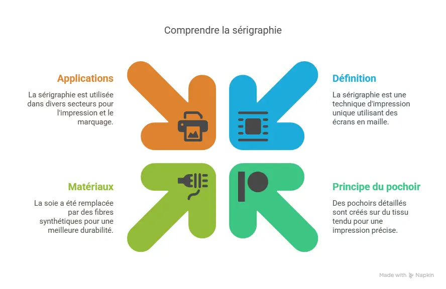 Comprendre la sérigraphie : quatre flèches colorées décrivent Applications, Matériaux, Définition, Principe du pochoir. Texte explicatif.