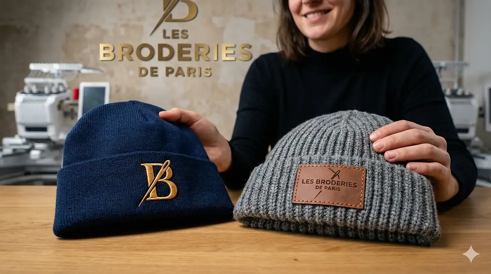 Comparaison entre un bonnet personnalisé avec logo brodé en fil et un bonnet avec patch cousu, présentés dans l’atelier de broderie Les Broderies de Paris