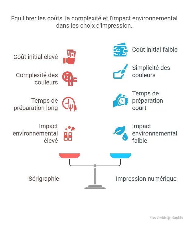Comparaison des choix d'impression: sérigraphie en rouge à gauche (coût élevé, impact et complexité majeurs) et numérique en bleu à droite (opposé).