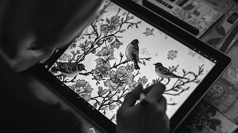 DAME UNA IMAGEN EN BLANCO Y NEGRO DE UNA PERSONA CREANDO UN ESTAMPADO TEXTIL DE FLORES Y P