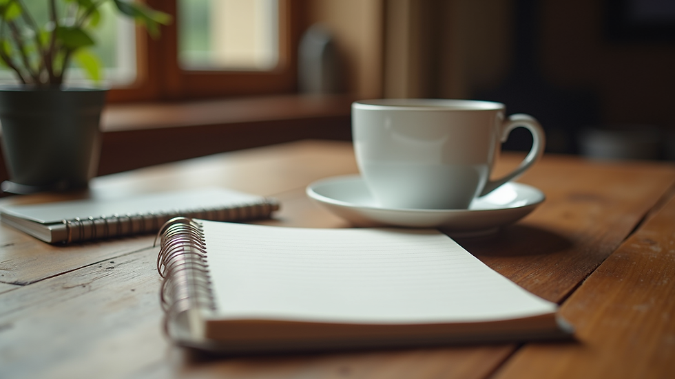 Eye-level view of a cozy writing space with a notebook and a cup of coffee
