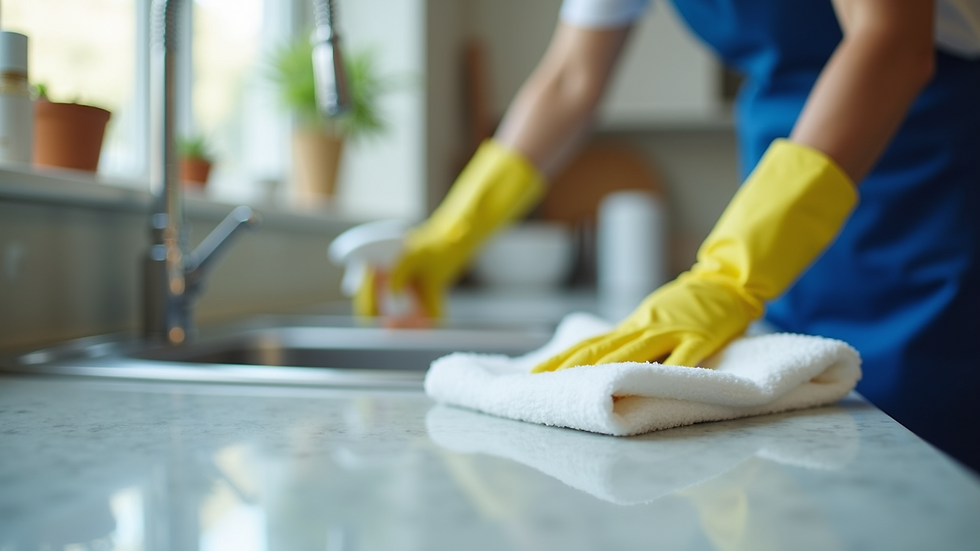 Close-up view of a professional cleaner disinfecting a kitchen countertop