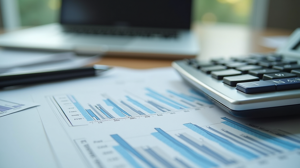 Close-up view of organized financial documents and calculator on office desk