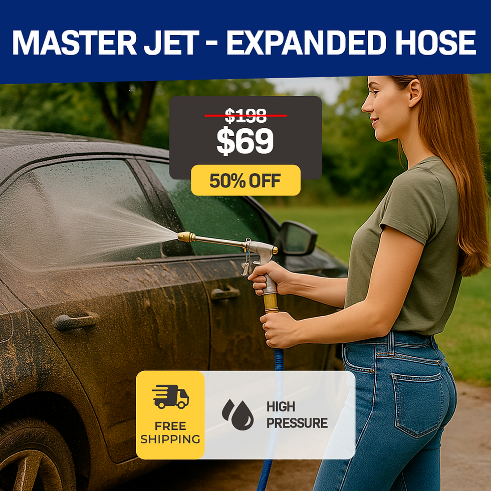 Master Jet expanded hose cleans muddy car. 50% off.
