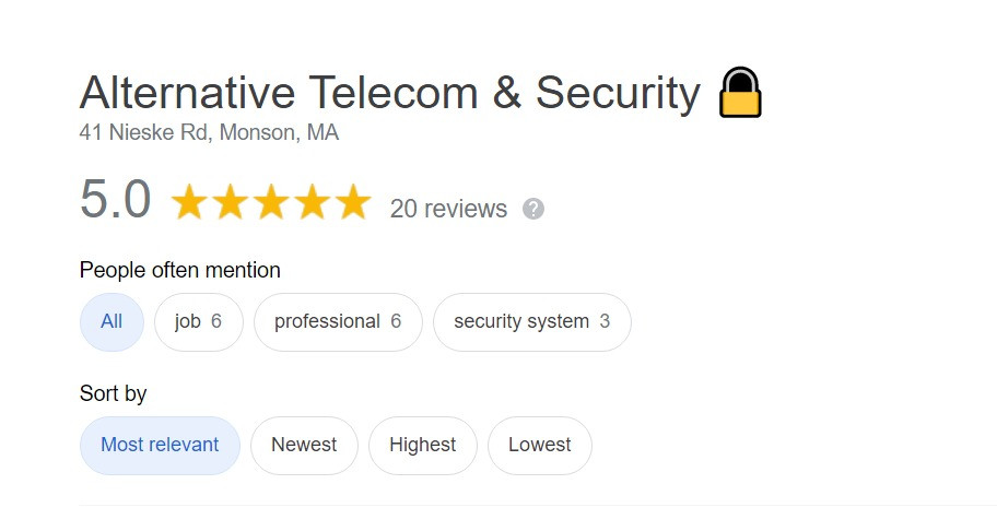 Screenshot of Alternative Telecom and Security's Google reviews