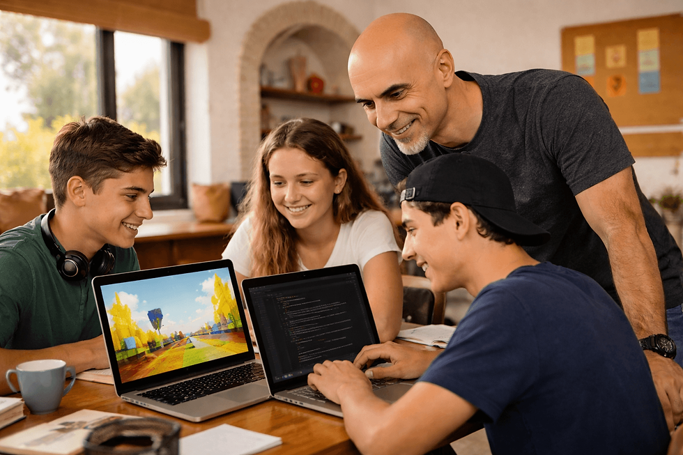 צילום בזווית עין של ילד יושב מול מחשב ומפתח משחק