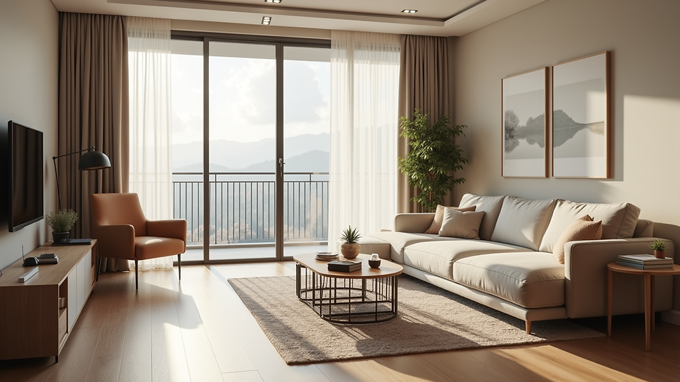 Eye-level view of a neatly arranged living room with clear walking paths