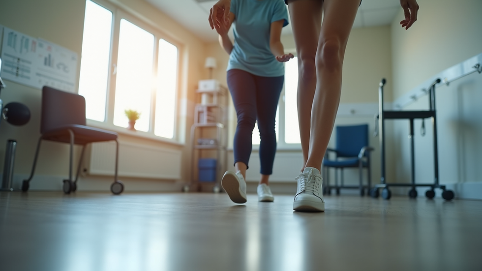 Eye-level view of a physical therapist assisting a patient with walking exercises after hip replacement